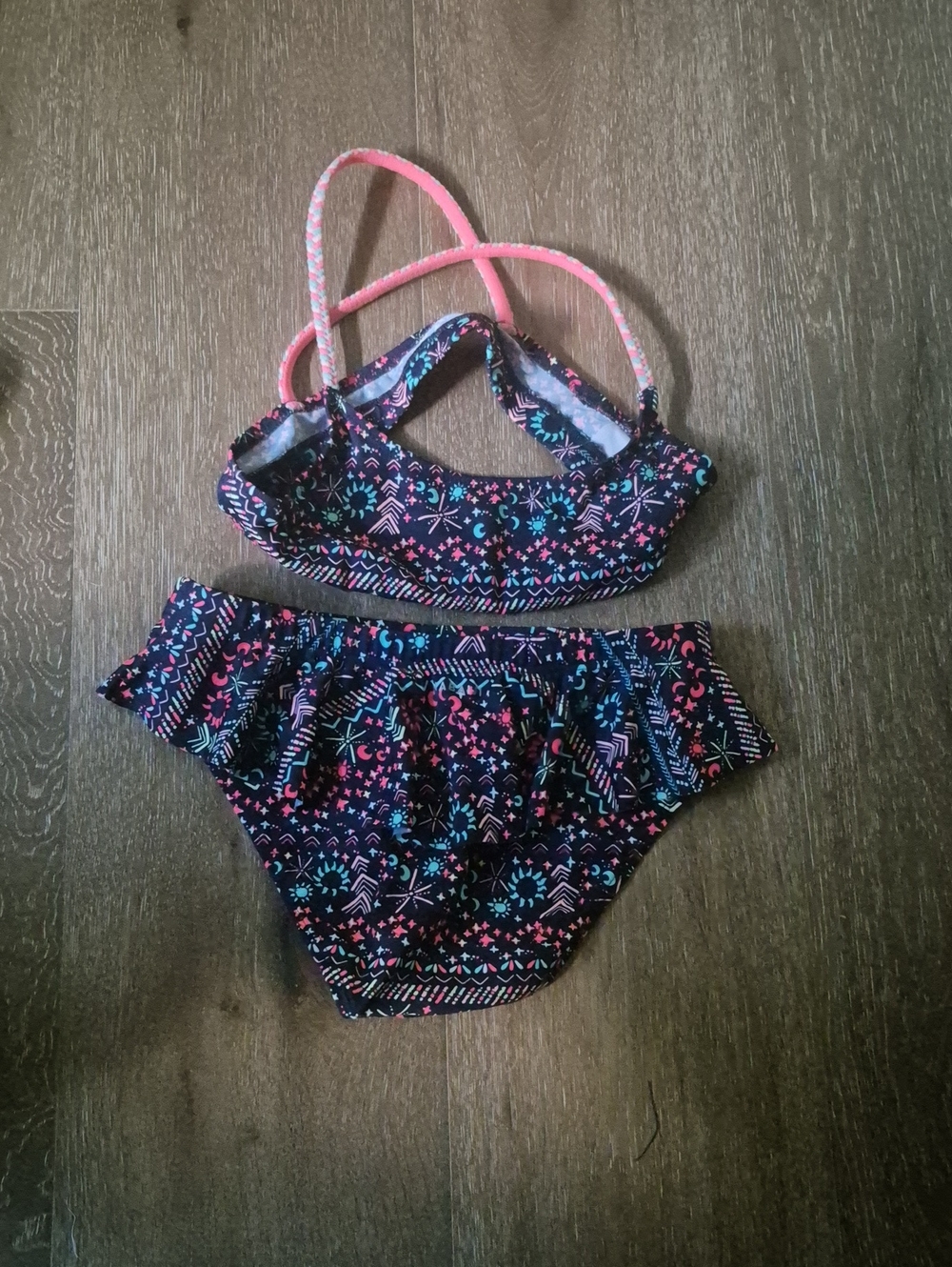 Girls' Floral Print Ruffled Bikini Set - Navy and Pink